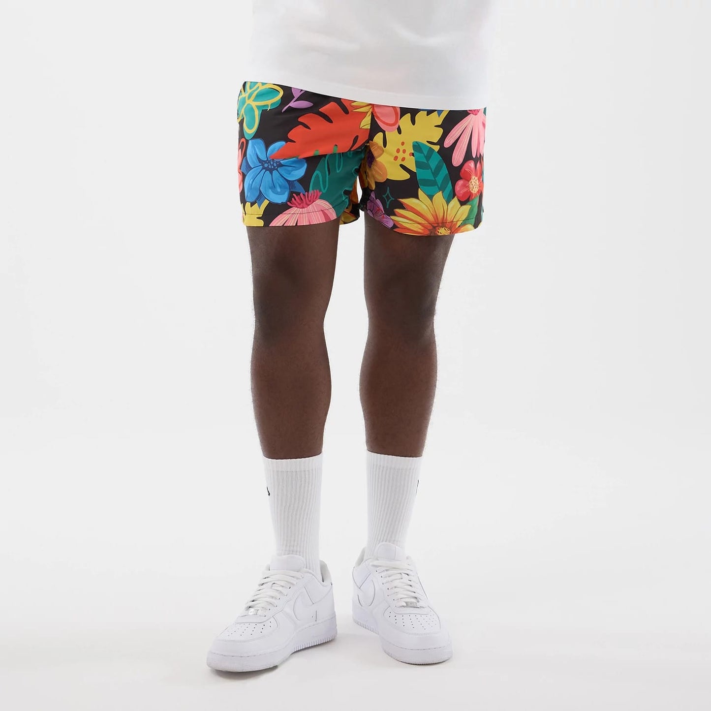 The model is wearing this New Era Floral Swimming Shorts in black. 7