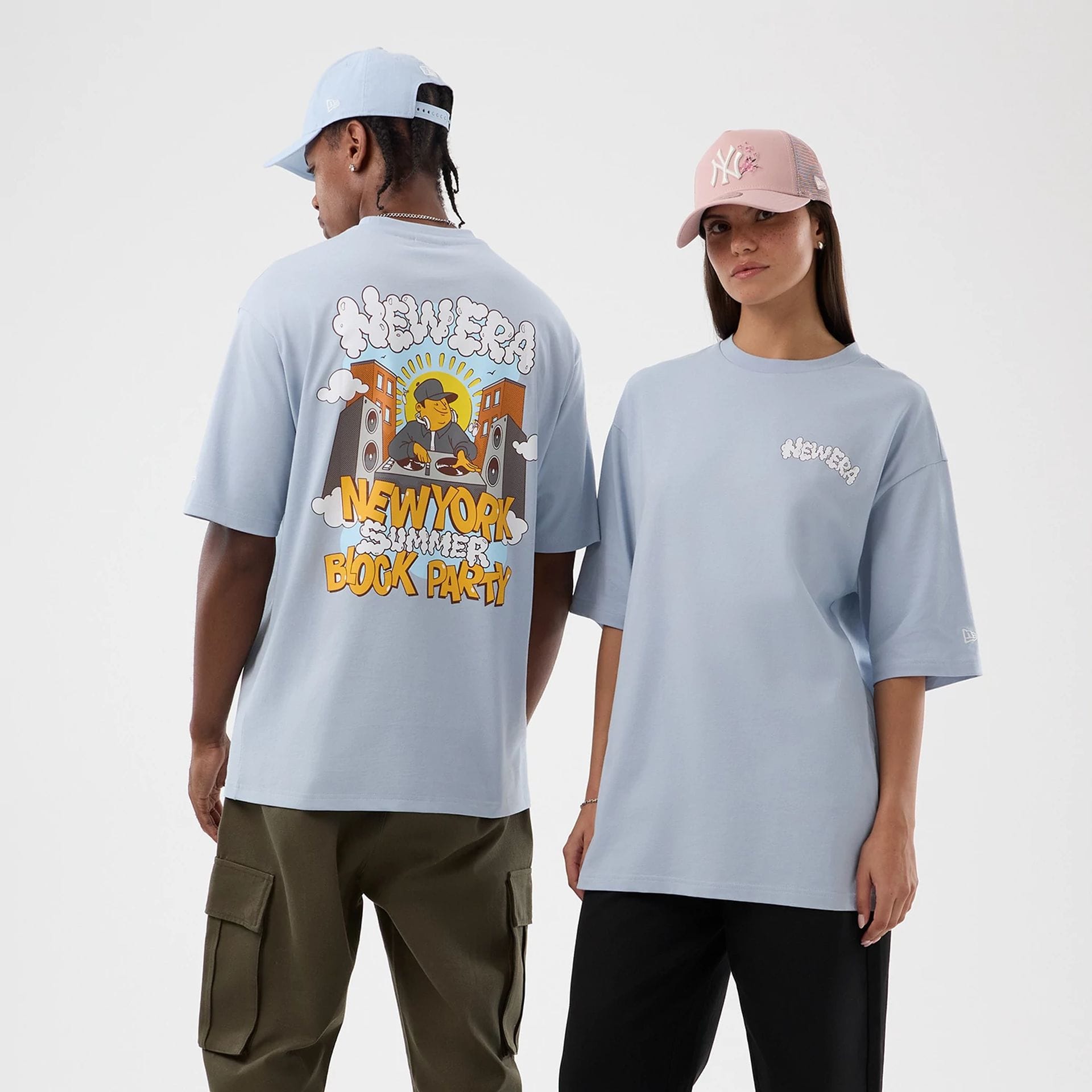 New Era Fun Block Party Graphic Pastel Blue Oversized T-Shirt | NEC EU