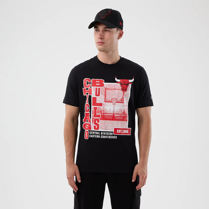 The model is wearing this NBA Court Graphic Chicago Bulls T-Shirt in black. 1