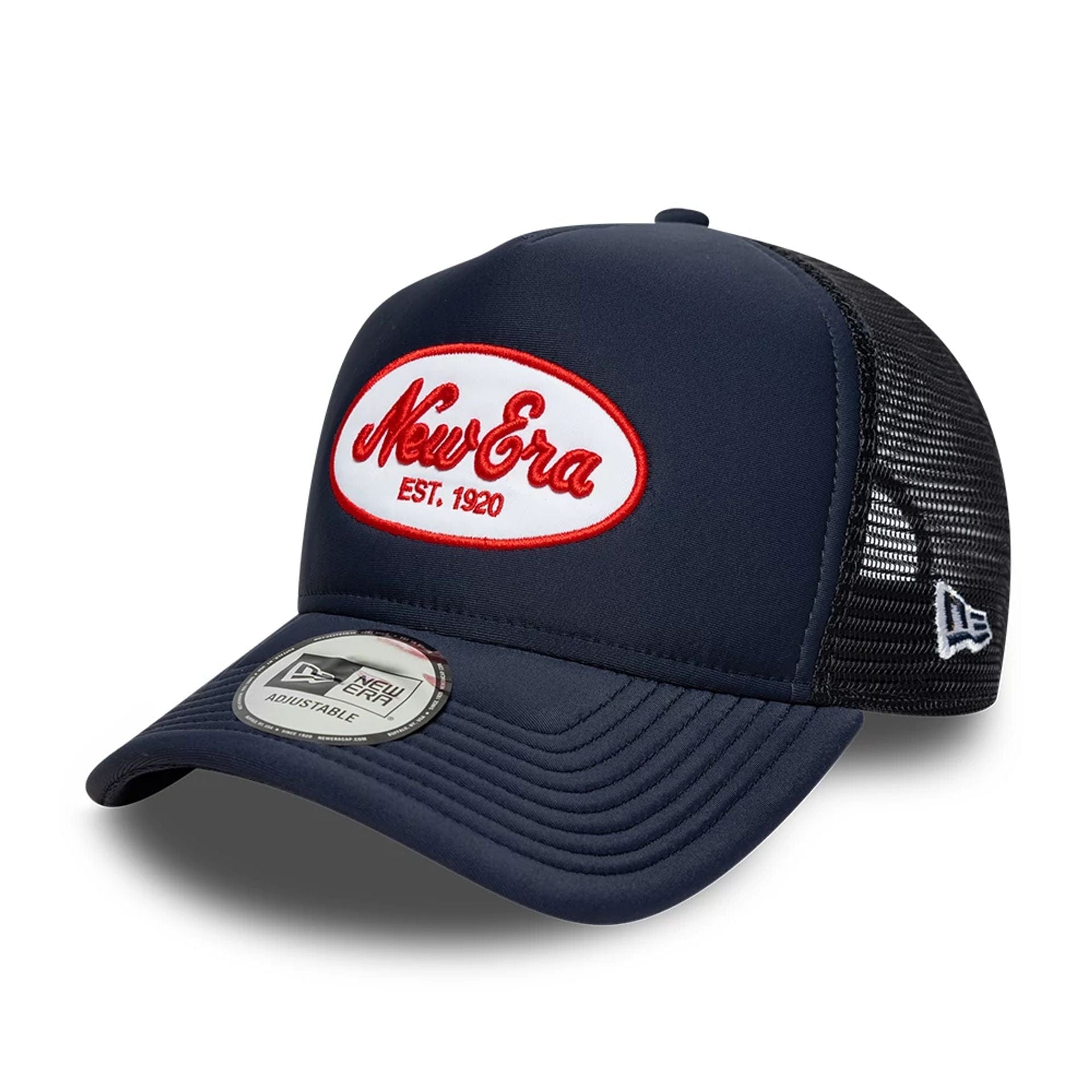 Pictured is this New Era Oval Patch 9FORTY A-Frame Trucker cap in navy. 1