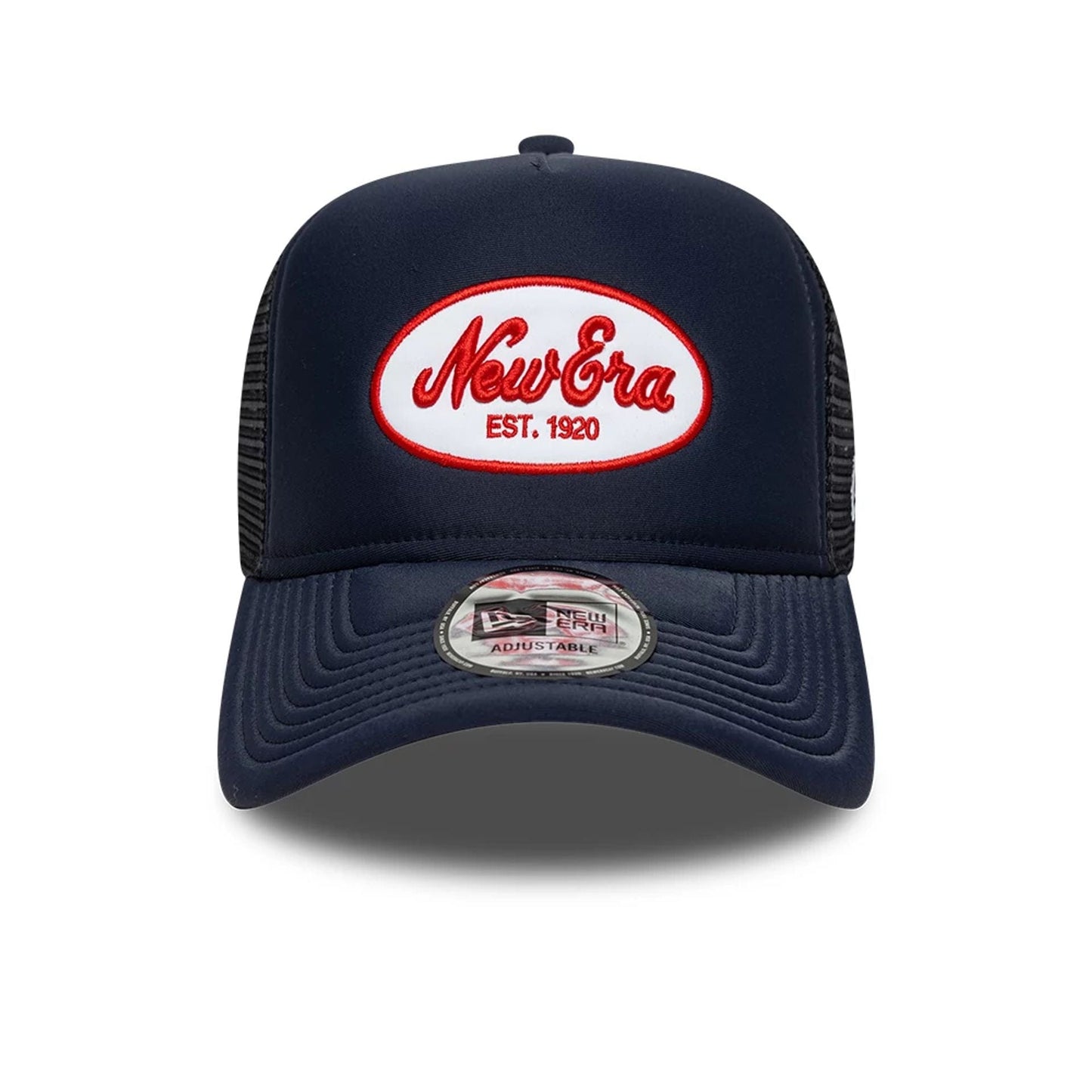Pictured is this New Era Oval Patch 9FORTY A-Frame Trucker cap in navy. 2