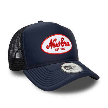 Pictured is this New Era Oval Patch 9FORTY A-Frame Trucker cap in navy. 3