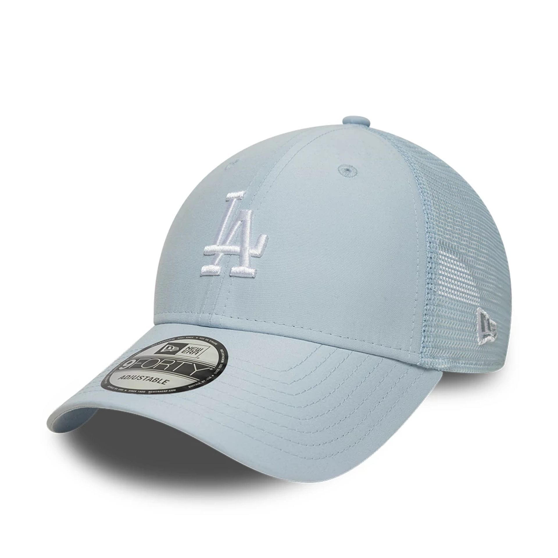 Pictured is this MLB Homefield LA Dodgers 9FORTY Trucker cap in pastel blue. 1
