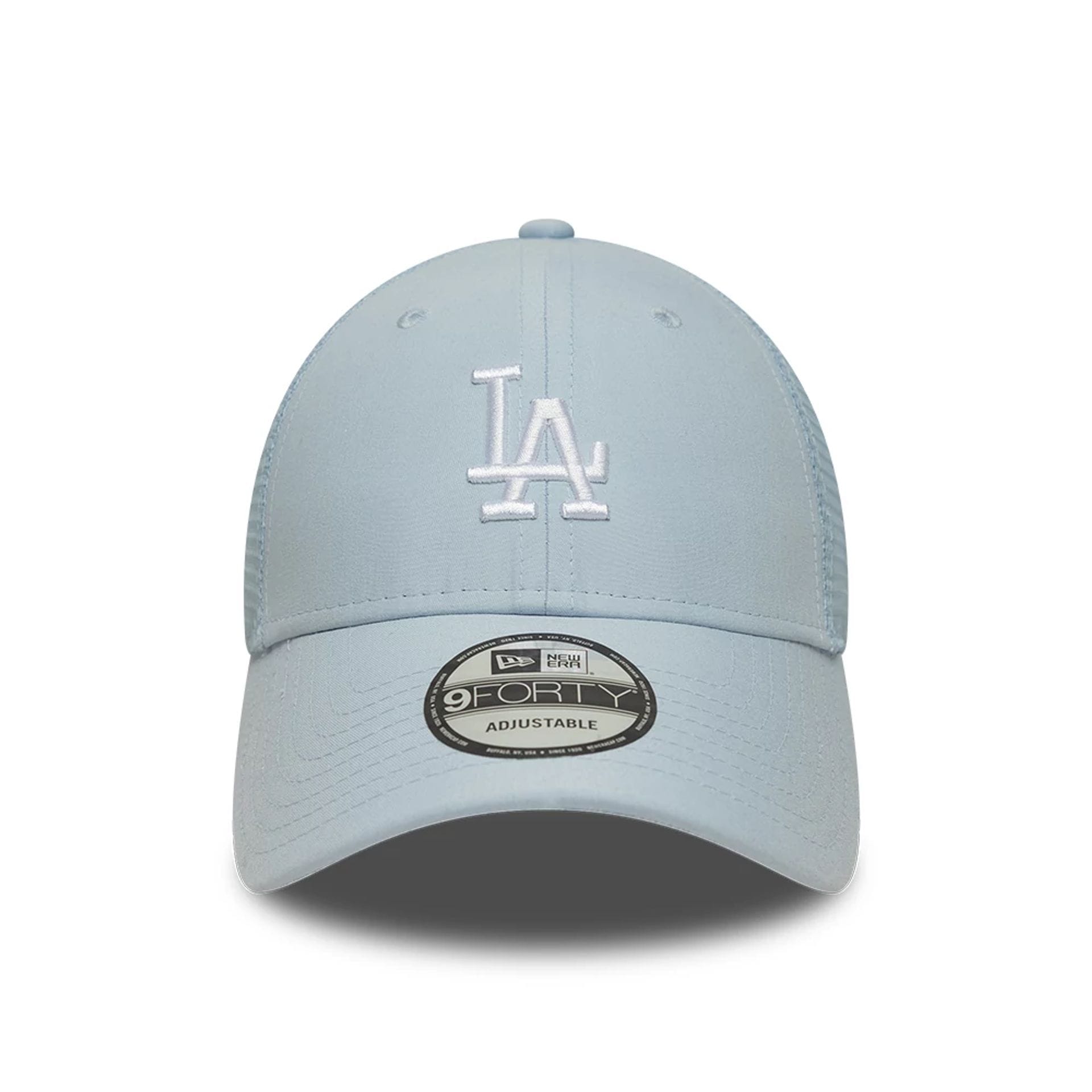 Pictured is this MLB Homefield LA Dodgers 9FORTY Trucker cap in pastel blue. 2