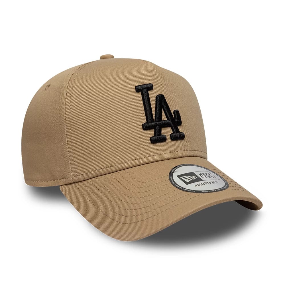 Pictured is this MLB League Essential LA Dodgers 9FORTY E-Frame cap in light beige. 3