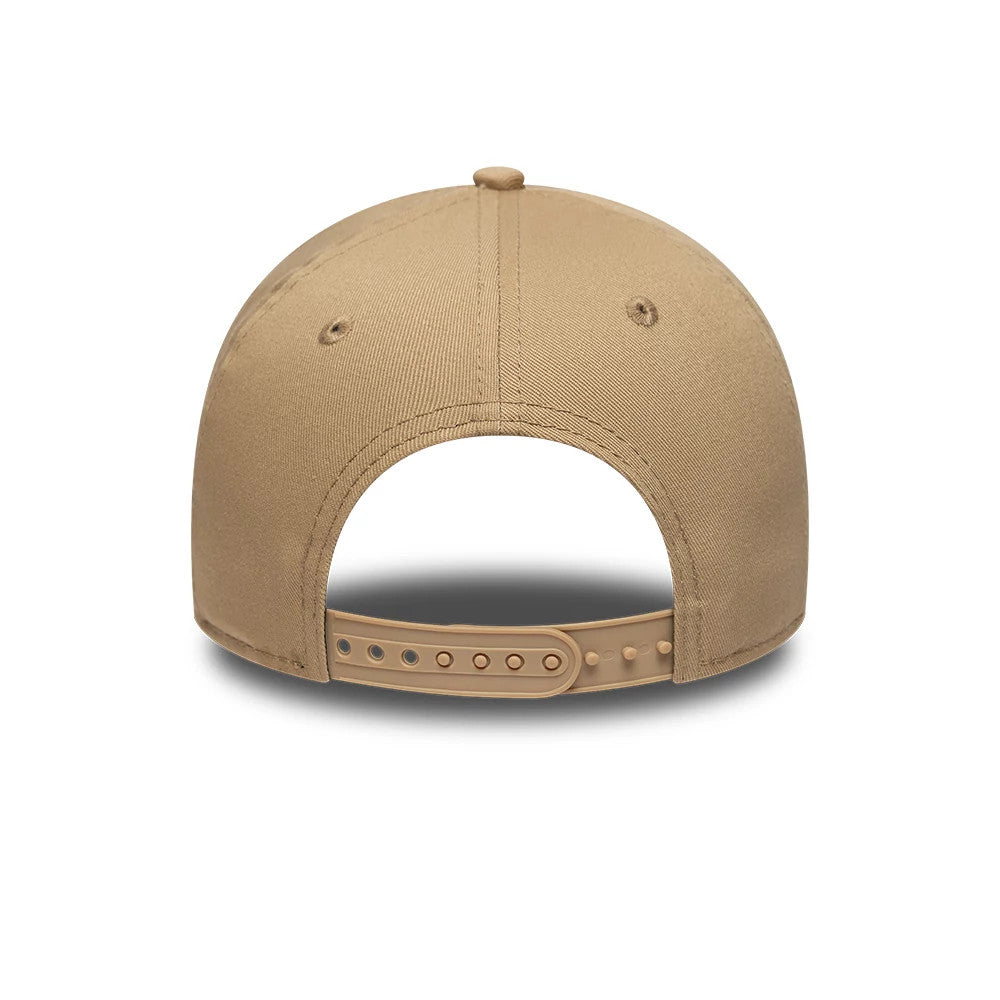 LA Dodgers MLB League Essential Light Beige New Era 9FORTY E-Frame Adjustable Cap, rear view showing the open adjustable strap with multiple holes, matching light beige fabric across the structured crown, and small embroidered eyelets.