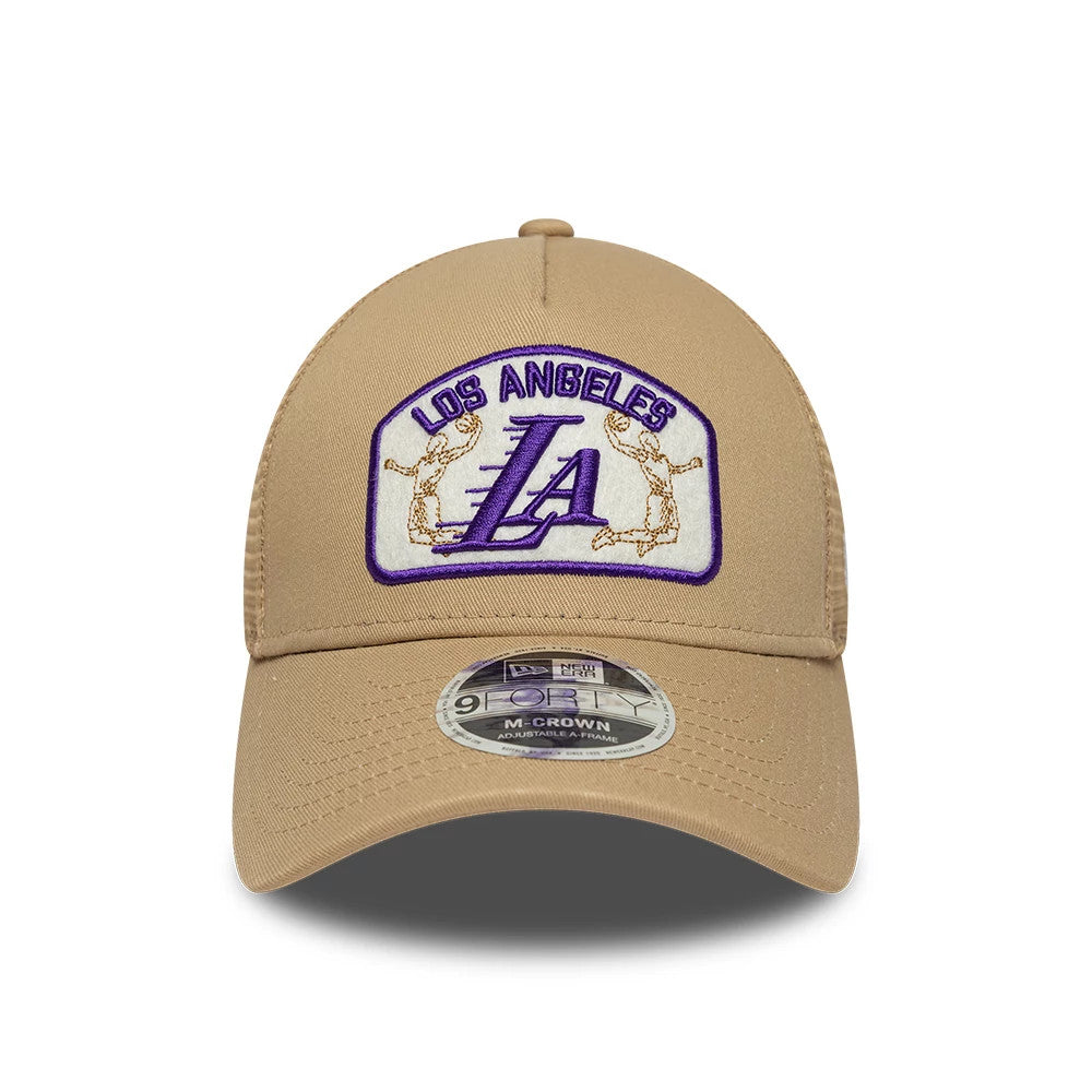 Pictured is this NBA LA Lakers 9FORTY M-Crown A-Frame Trucker cap in Beige. 2