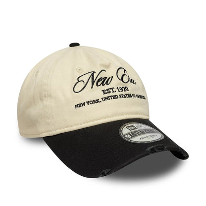 Pictured is this New Era Wash Distress 9TWENTY A-Frame cap in light beige. 3