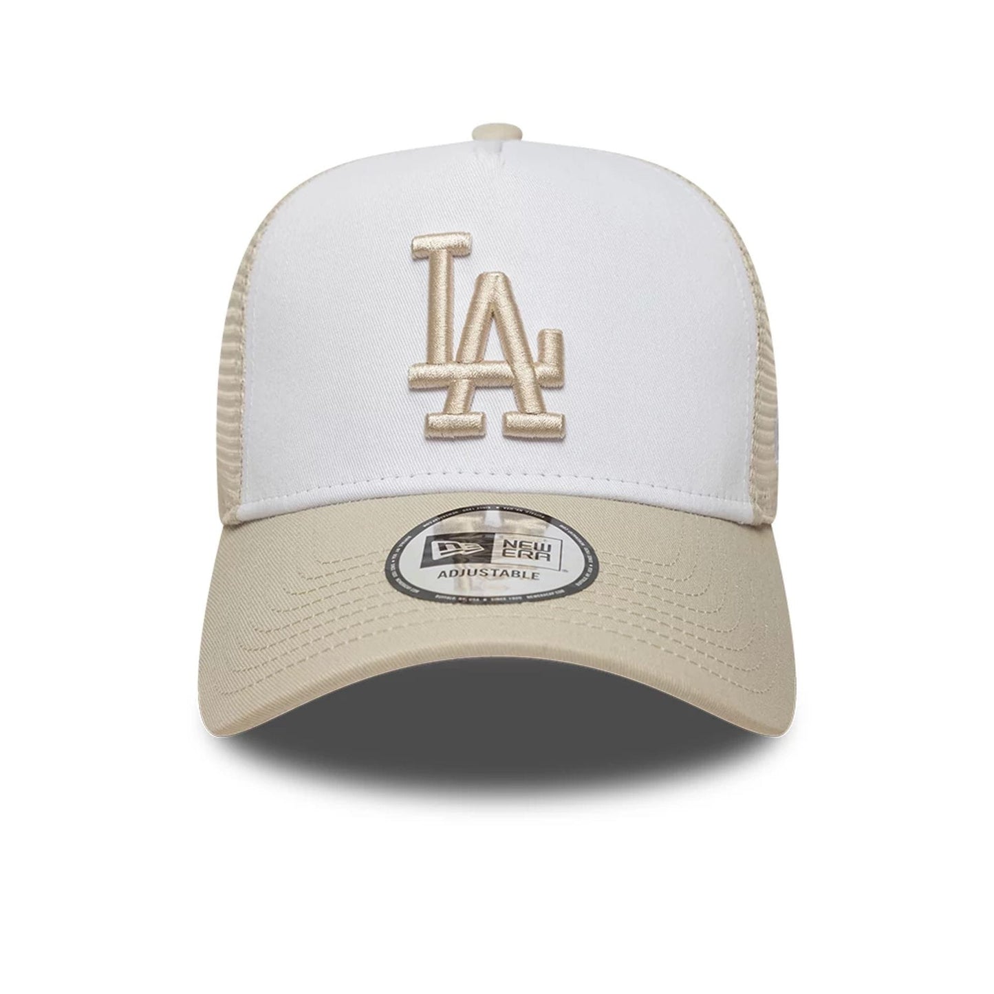 Pictured is this MLB League Essential LA Dodgers 9FORTY A-Frame Trucker cap in light beige. 2