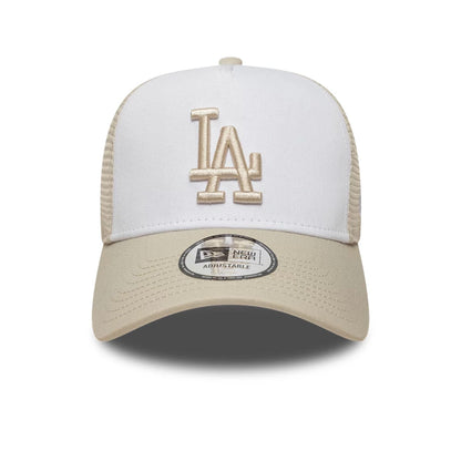 Pictured is this MLB League Essential LA Dodgers 9FORTY A-Frame Trucker cap in light beige. 2