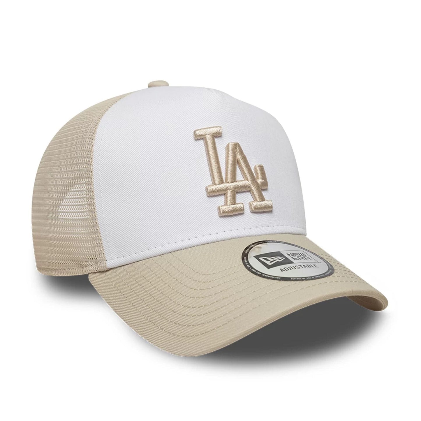 Pictured is this MLB League Essential LA Dodgers 9FORTY A-Frame Trucker cap in light beige. 3