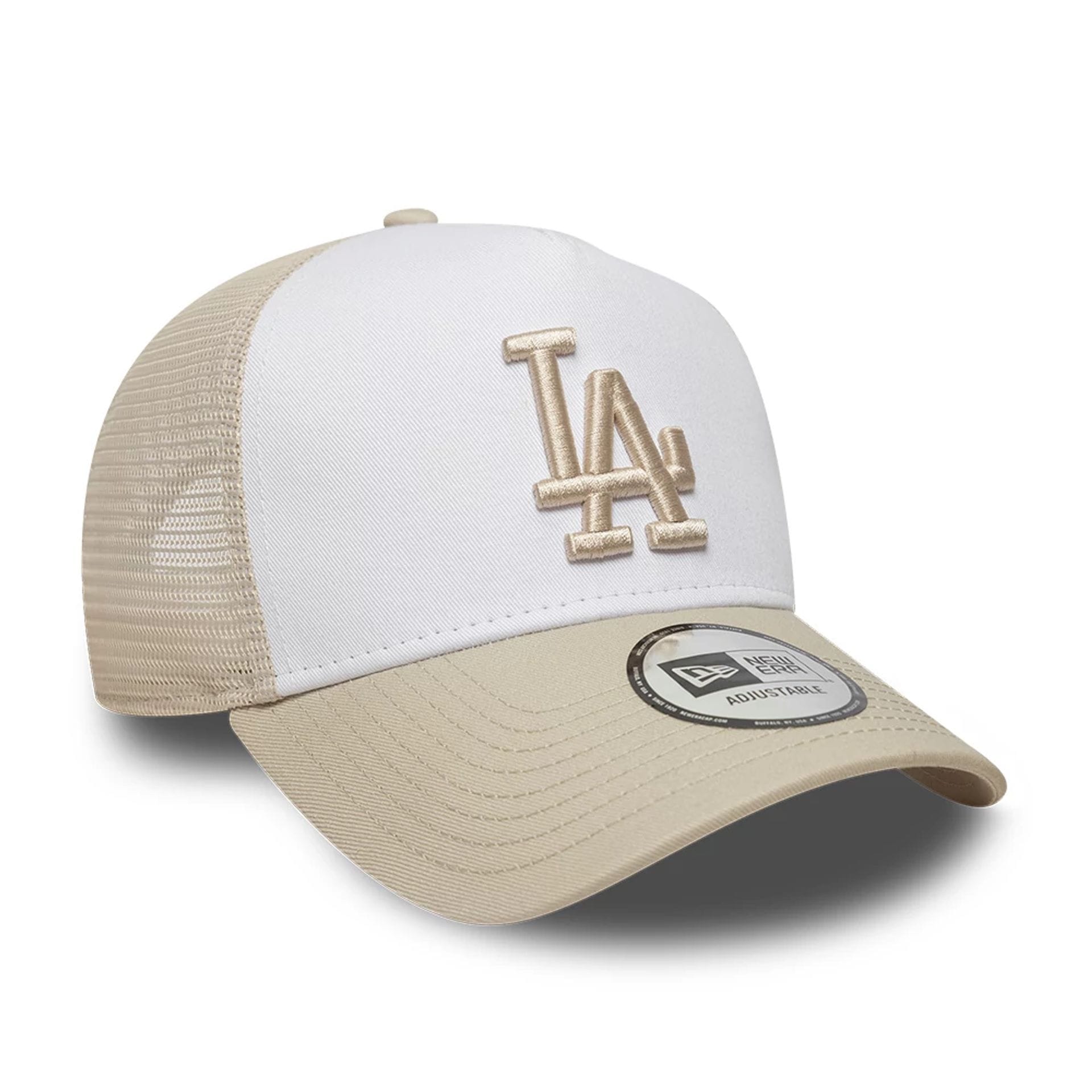 Pictured is this MLB League Essential LA Dodgers 9FORTY A-Frame Trucker cap in light beige. 3