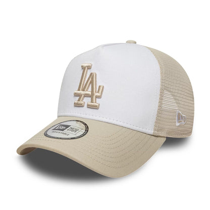 Pictured is this MLB League Essential LA Dodgers 9FORTY A-Frame Trucker cap in light beige. 1