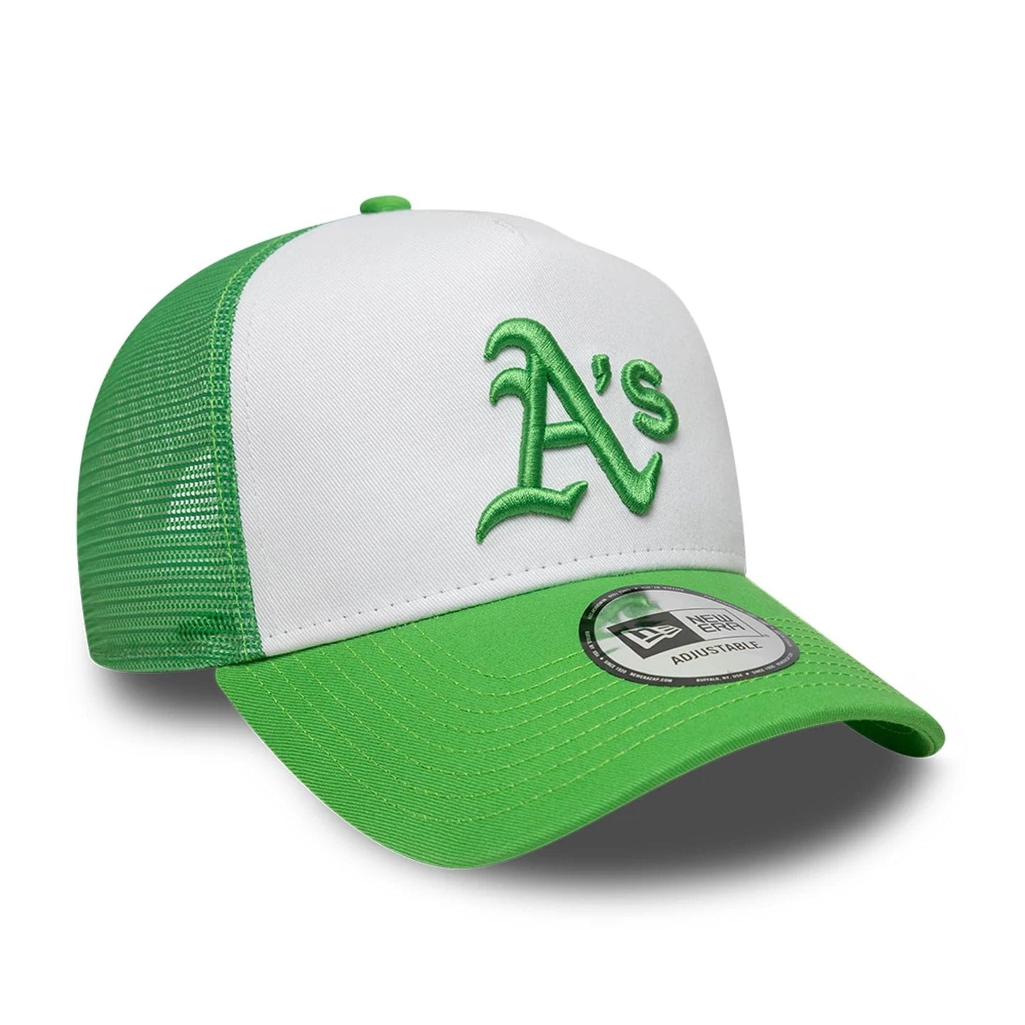 Pictured is this MLB League Essential Athletics 9FORTY A-Frame Trucker cap in open green. 3