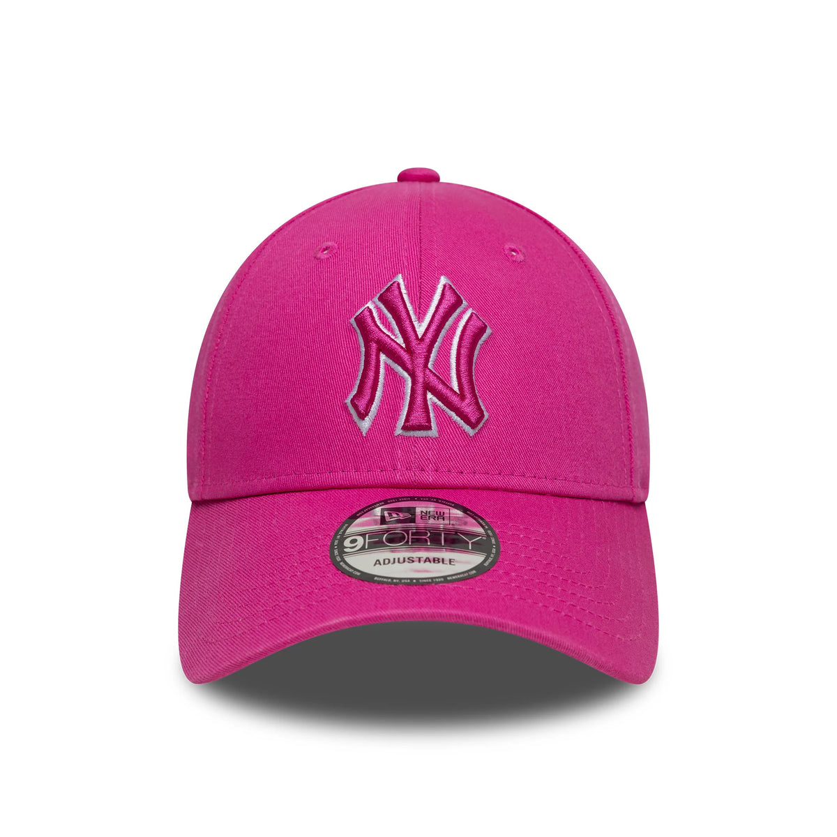 New York Yankees MLB Team Outline Bright Pink New Era 9FORTY Adjustable Cap, front view showing a raised pink embroidered NY logo with a white outline on the front panel, a curved pink visor, and a 9FORTY size sticker on the top.