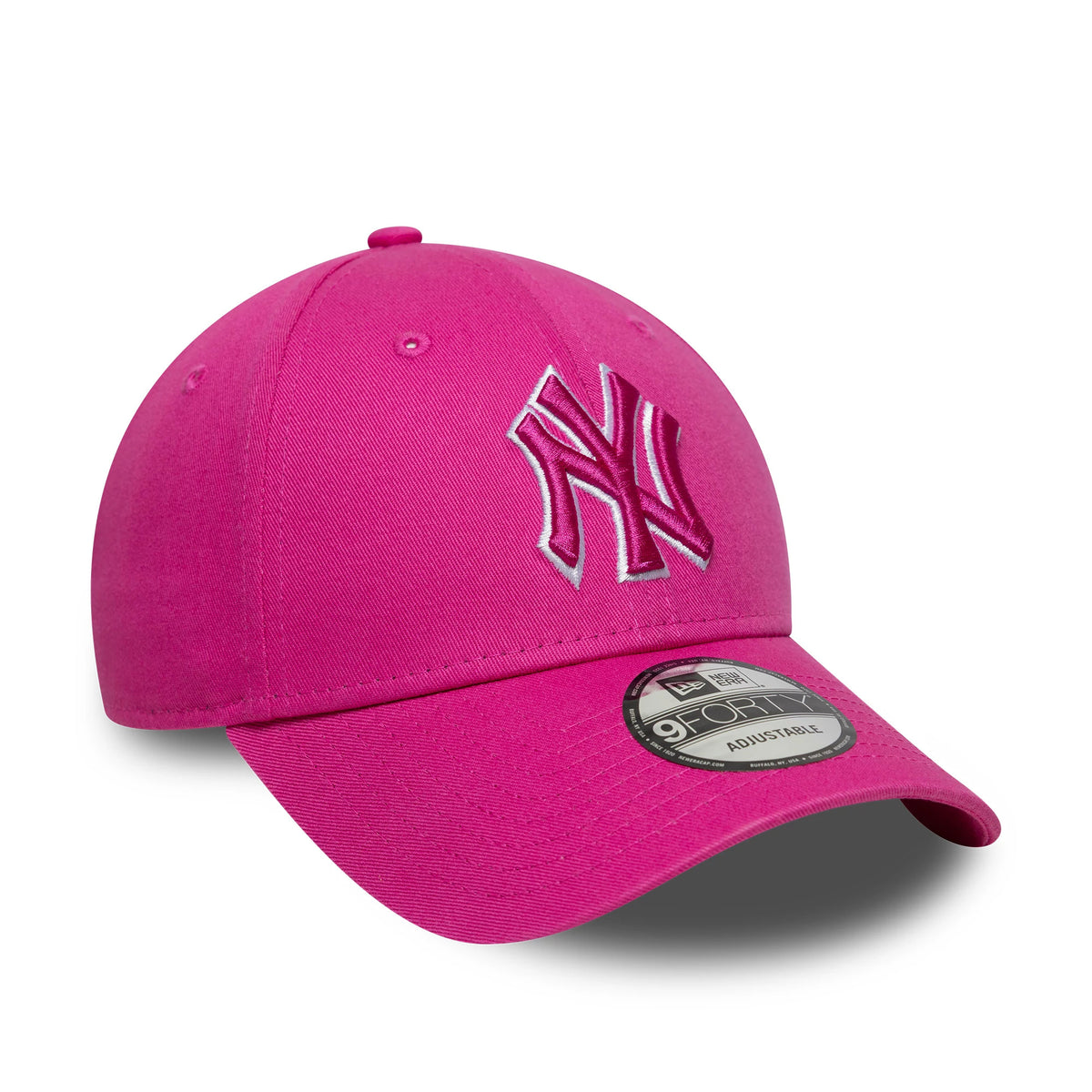 New York Yankees MLB Team Outline Bright Pink New Era 9FORTY Adjustable Cap, three-quarter view showing the pink raised embroidered NY logo on the front panel, structured crown, curved visor and a black 9FORTY size sticker.