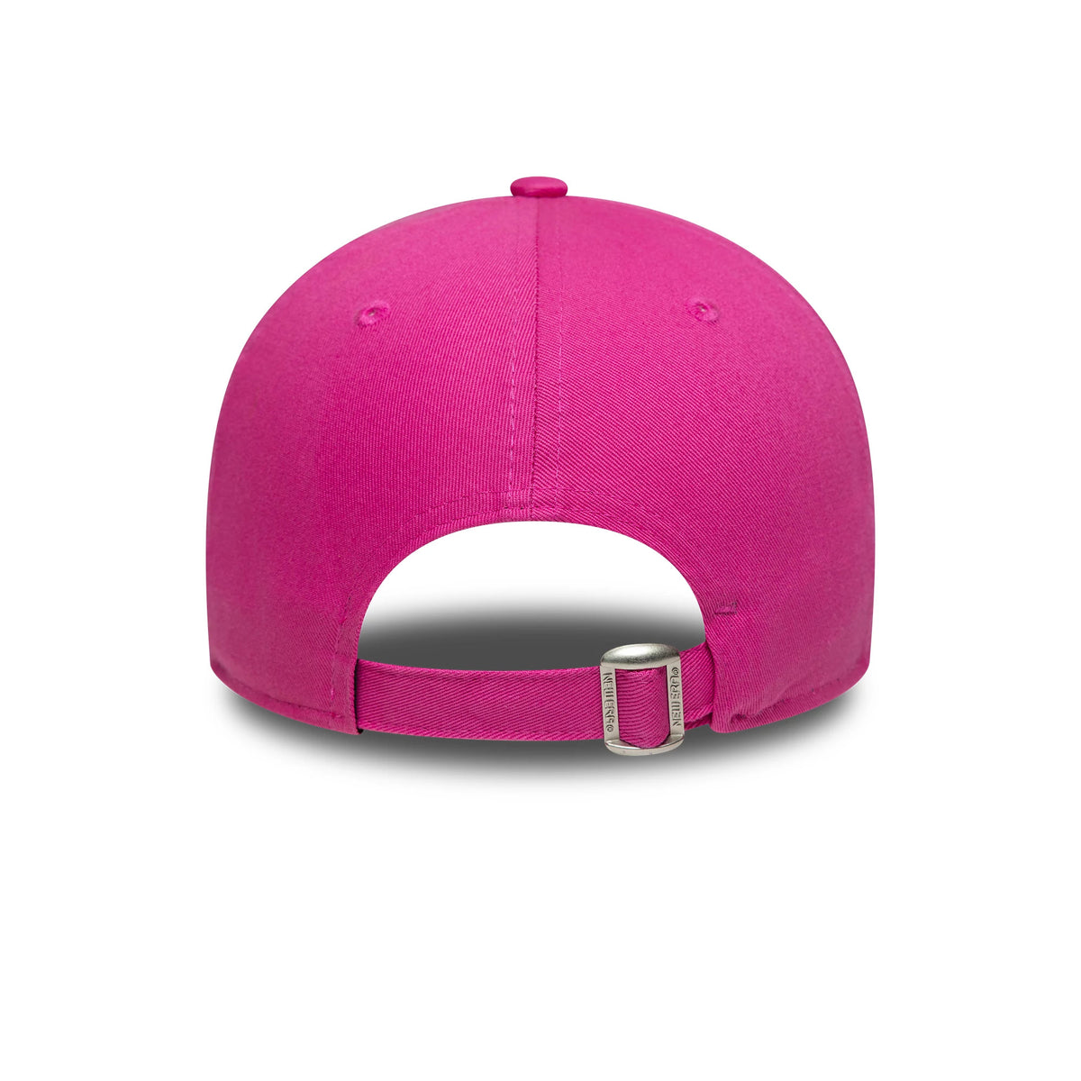 New York Yankees MLB Team Outline Bright Pink New Era 9FORTY Adjustable Cap, rear view showing the adjustable strap with a buckle, bright pink structured crown with matching top button, and unadorned back panels without the MLB Batterman logo.