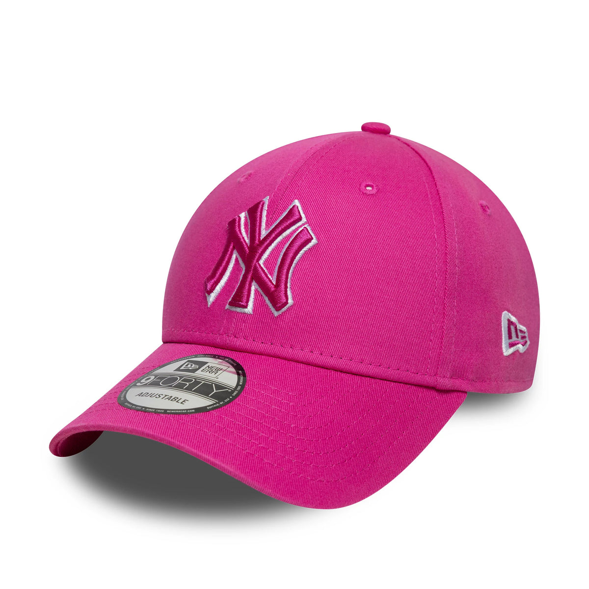 New York Yankees MLB Team Outline Bright Pink New Era 9FORTY Adjustable Cap, front view showing the raised pink NY logo with white outline embroidered on the front panel, curved visor with a 9FORTY size sticker.