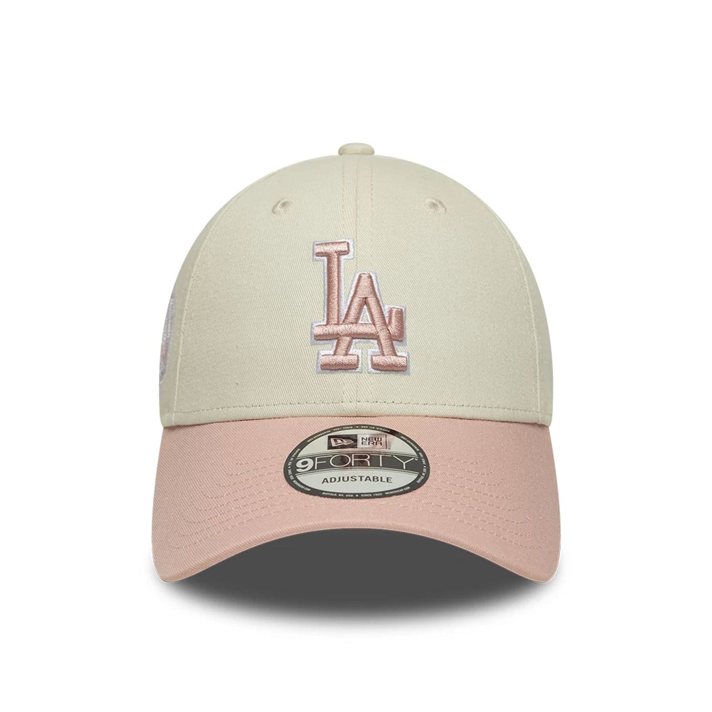 Pictured is this MLB World Series Patch LA Dodgers 9FORTY cap in light beige. 2