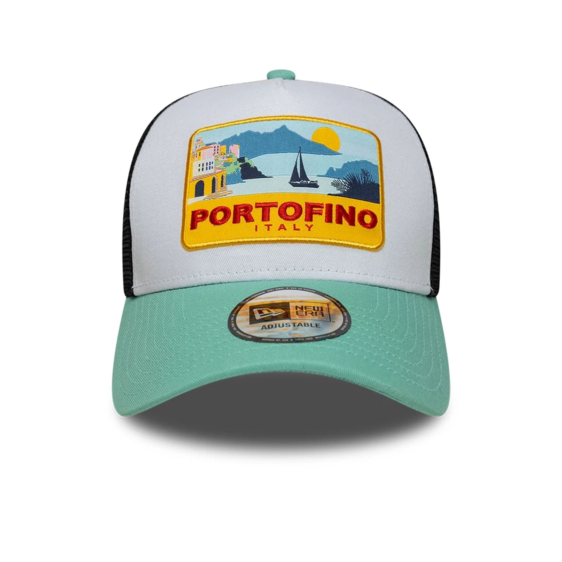 Pictured is this New Era Location 9FORTY A-Frame Trucker cap in pastel green. 2