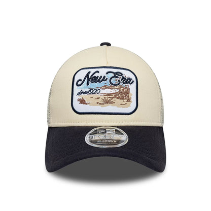 Pictured is this New Era 9FORTY M-Crown A-Frame Trucker cap in light beige. 2
