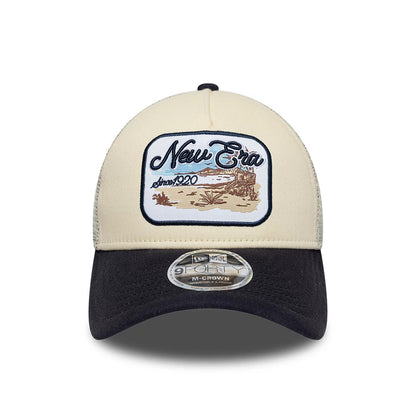 Pictured is this New Era 9FORTY M-Crown A-Frame Trucker cap in light beige. 2