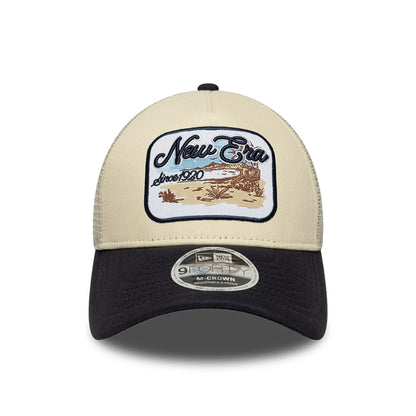 Pictured is this New Era 9FORTY M-Crown A-Frame Trucker cap in light beige. 2