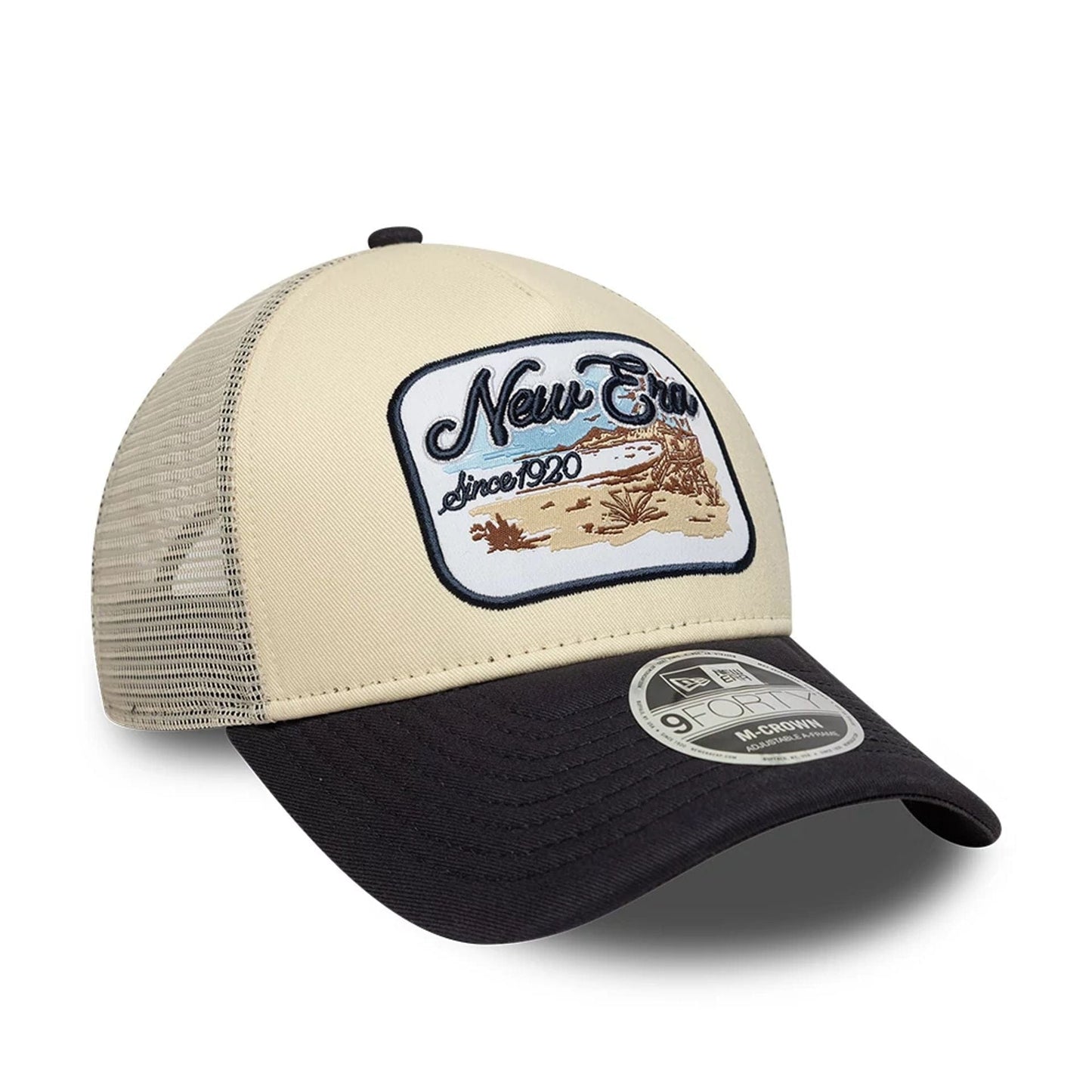 Pictured is this New Era 9FORTY M-Crown A-Frame Trucker cap in light beige. 3