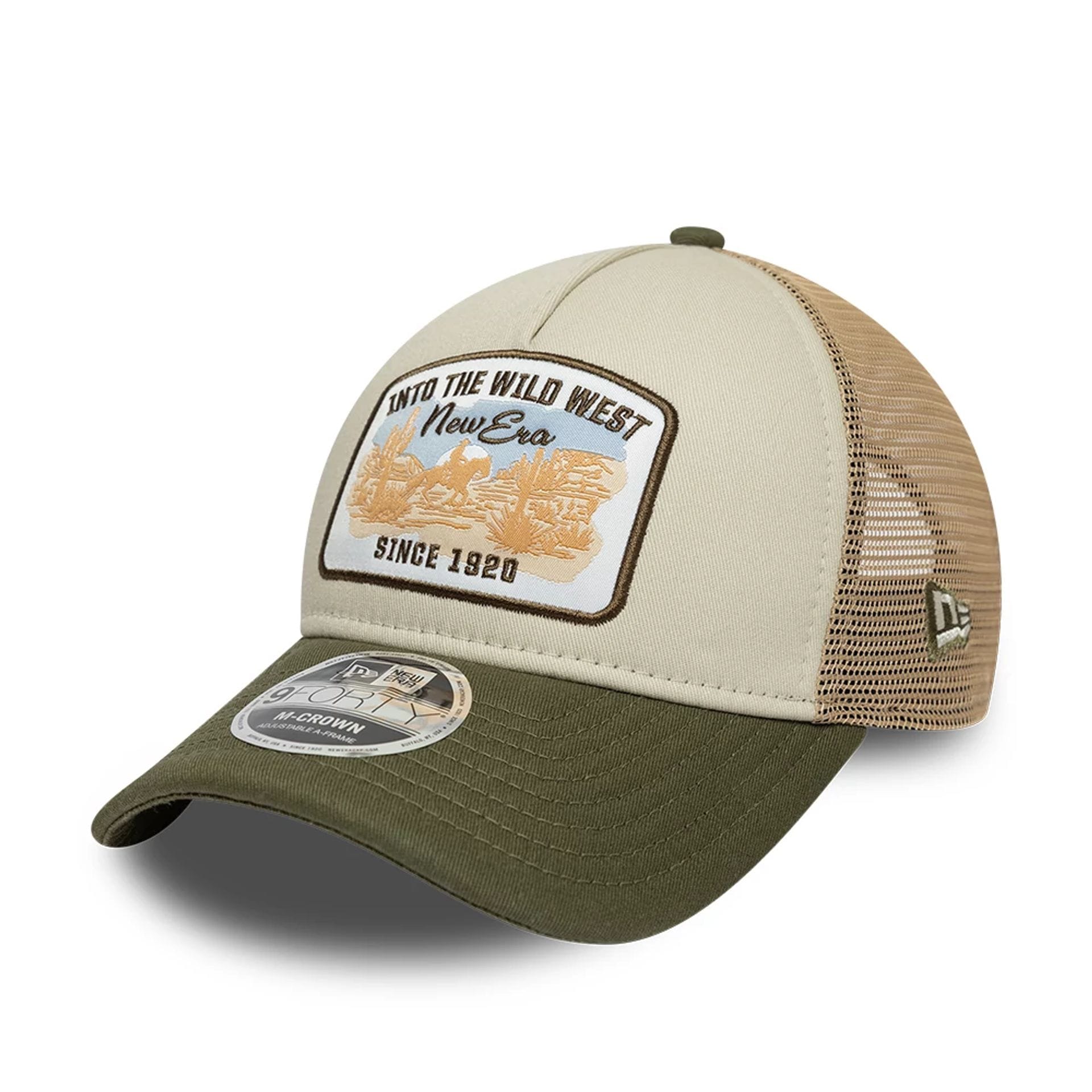 Pictured is this New Era 9FORTY M-Crown A-Frame Trucker cap in Dark Green. 1