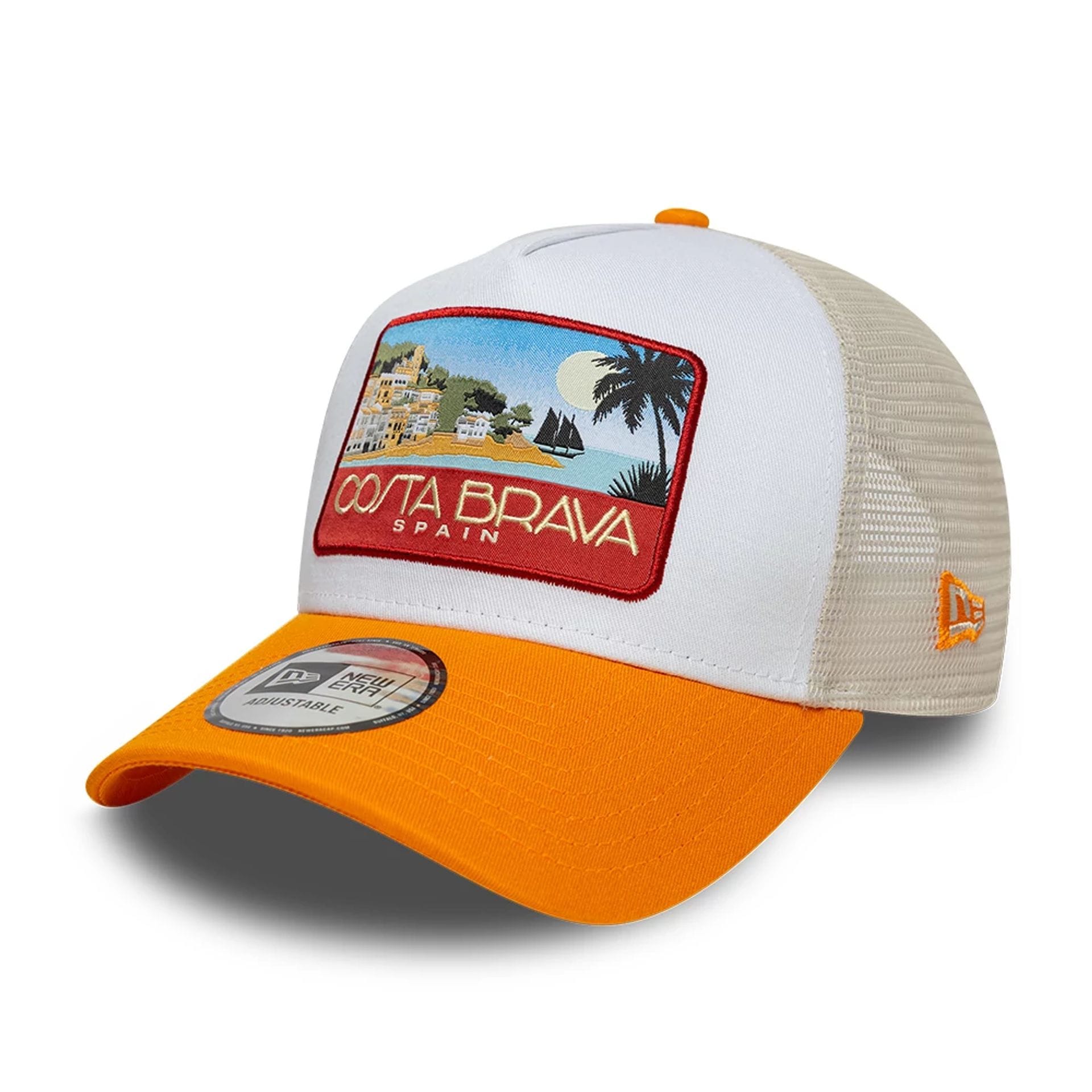 Pictured is this New Era Location 9FORTY A-Frame Trucker cap in orange. 1