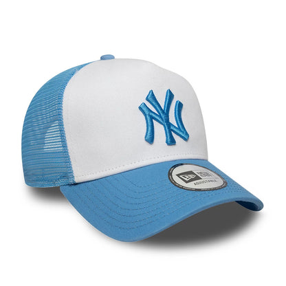 Pictured is this MLB League Essential New York Yankees 9FORTY A-Frame Trucker cap in pastel blue. 3