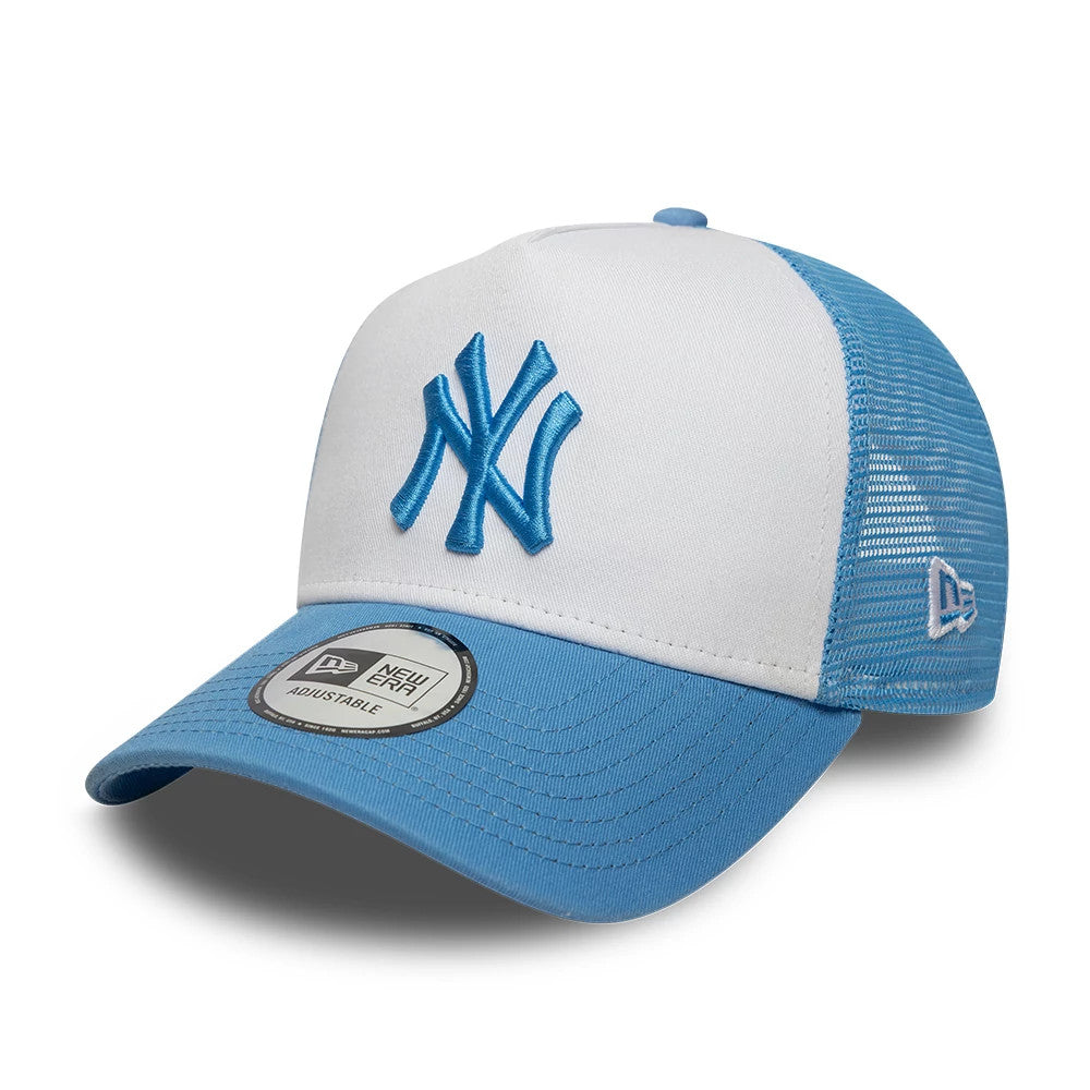 New York Yankees MLB League Essential Pastel Blue New Era 9FORTY A-Frame Trucker Adjustable Cap, front view showing a raised pastel blue NY logo on the white front panel, with a pastel blue visor and a 9FORTY size sticker.