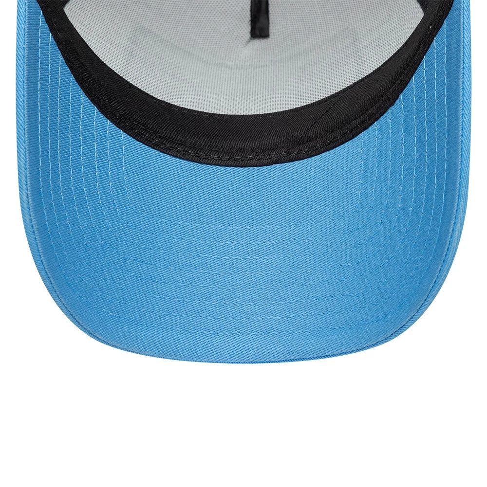 Pictured is this New Era Location 9FORTY A-Frame Trucker cap in pastel blue. 5