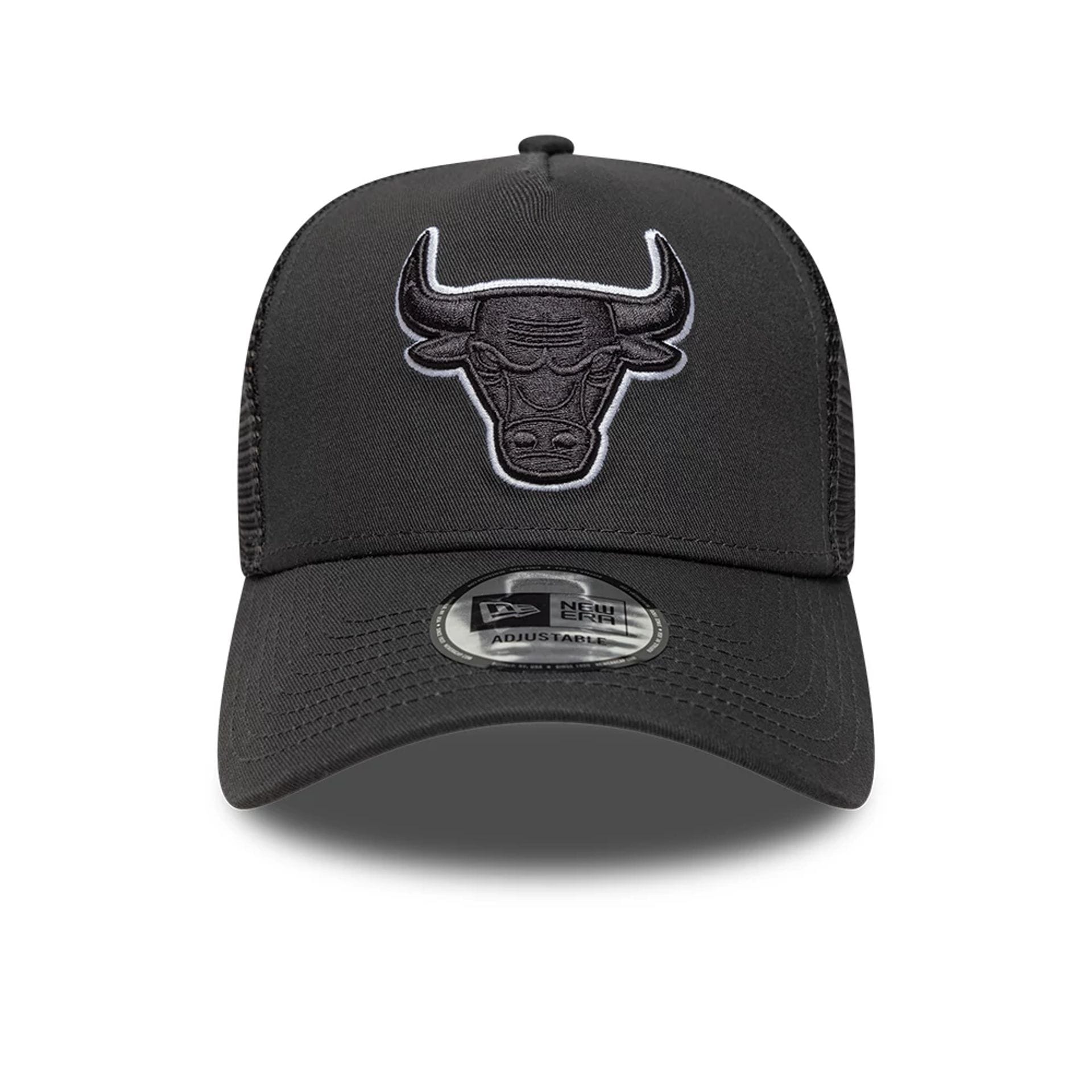 Pictured is this NBA Outline Chicago Bulls 9FORTY E-Frame Trucker cap in charcoal. 2