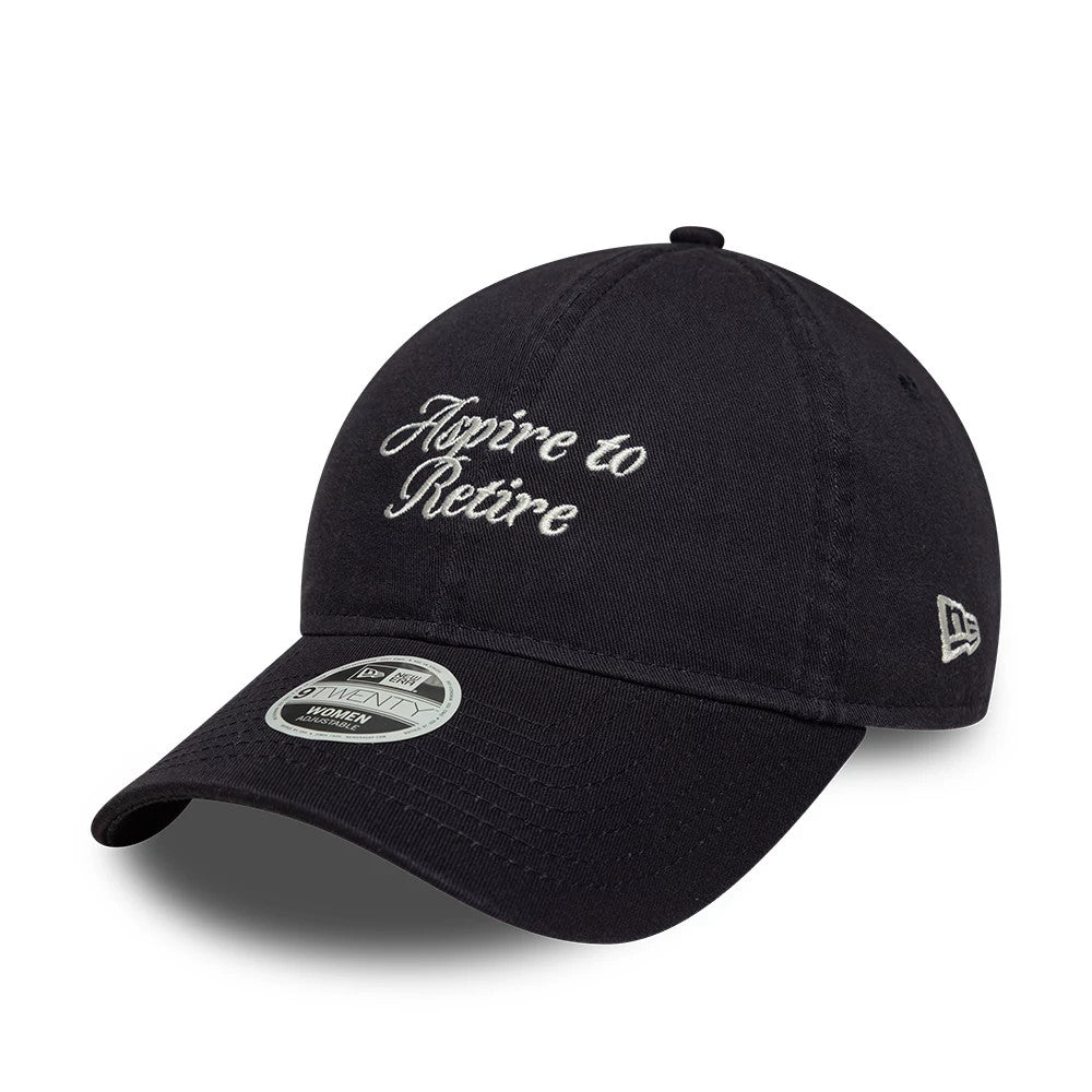 Pictured is this Womens New Era Slogan 9TWENTY cap in navy. 1
