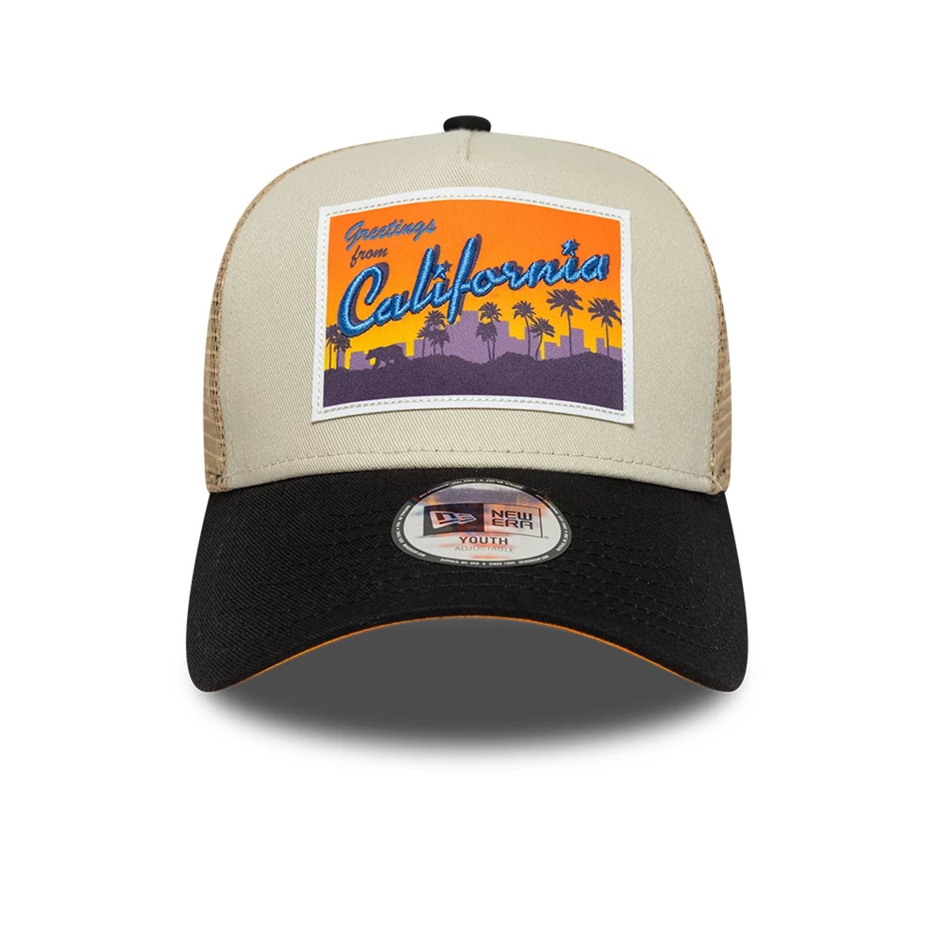 Pictured is this Youth New Era Location 9FORTY A-Frame Trucker cap in light beige. 2