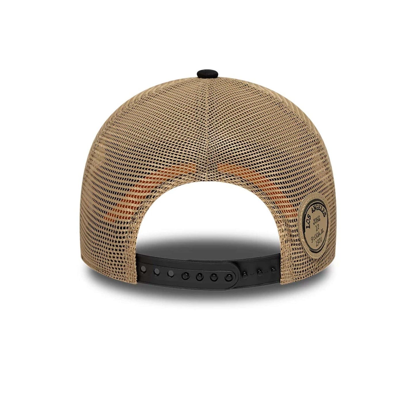 Pictured is this Youth New Era Location 9FORTY A-Frame Trucker cap in light beige. 4