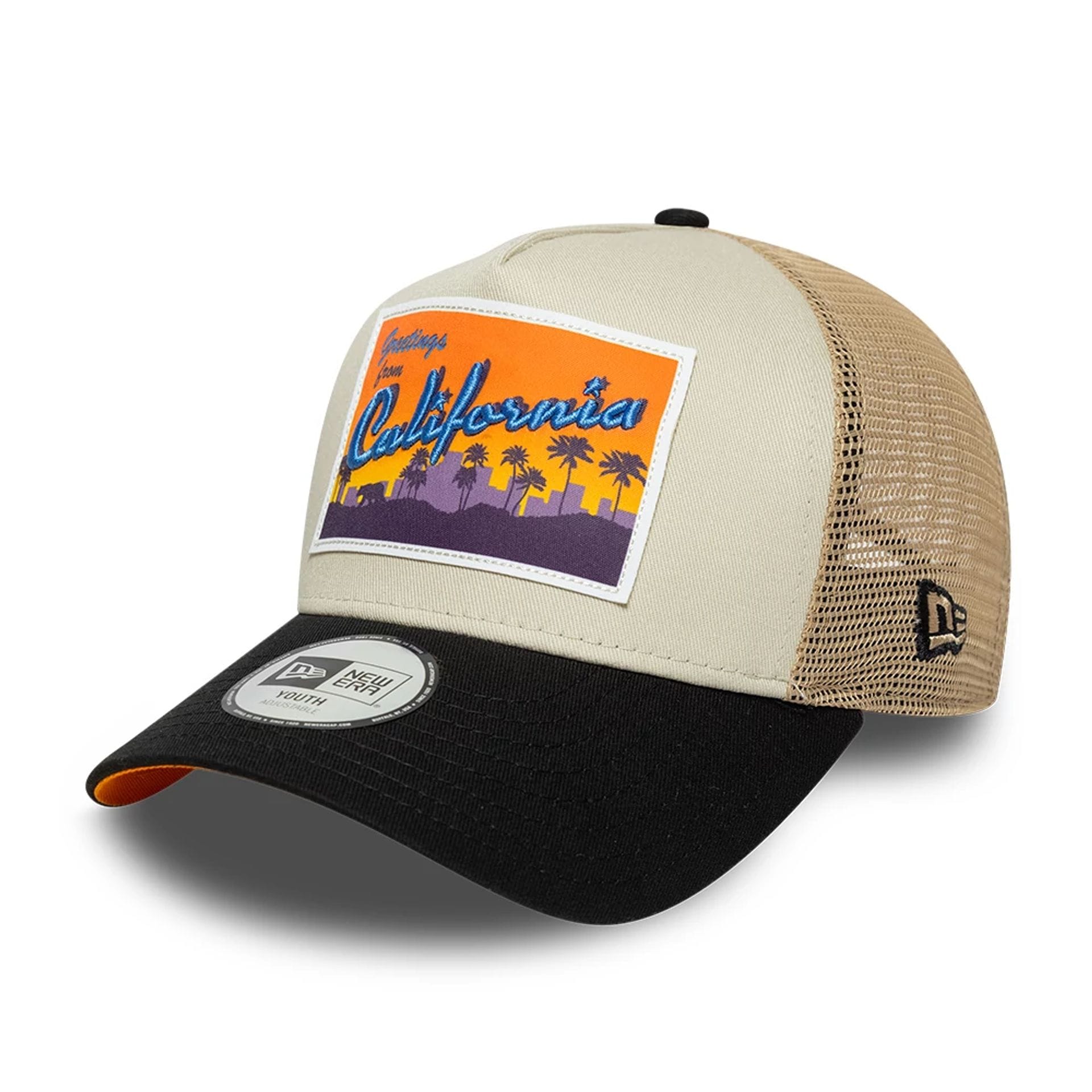 Pictured is this Youth New Era Location 9FORTY A-Frame Trucker cap in light beige. 1