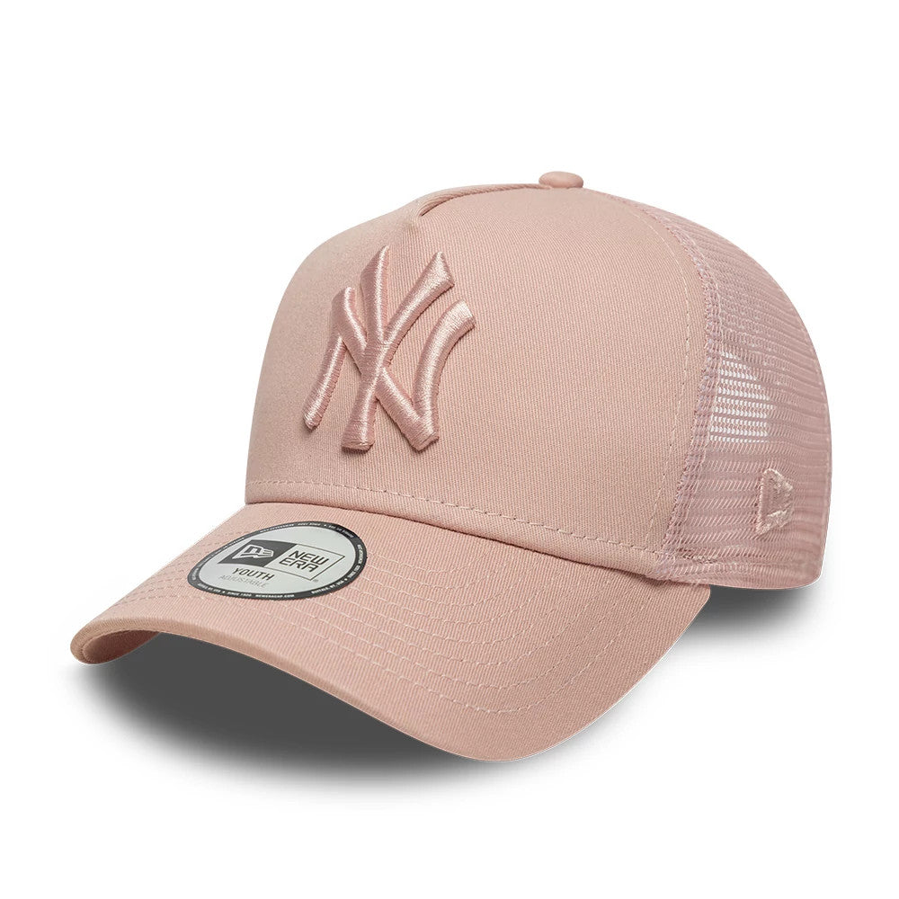 New York Yankees Youth MLB League Essential Pastel Pink New Era 9FORTY A-Frame Trucker Adjustable Cap, three-quarter view showing the pink embroidered NY logo on the structured front panel, curved pastel pink visor with 9FORTY size sticker.