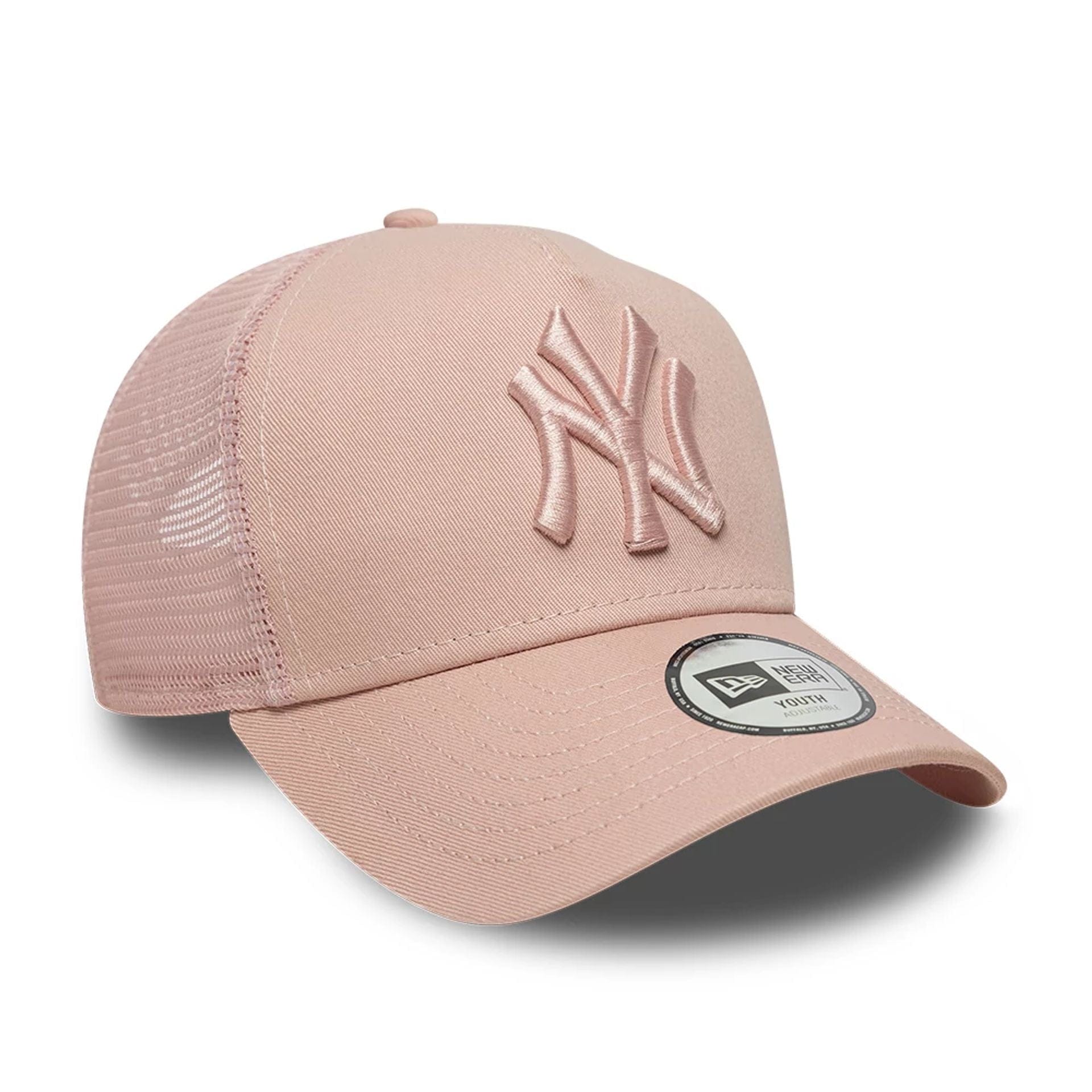 Pictured is this MLB League Essential Youth New York Yankees 9FORTY A-Frame Trucker cap in pastel pink. 3