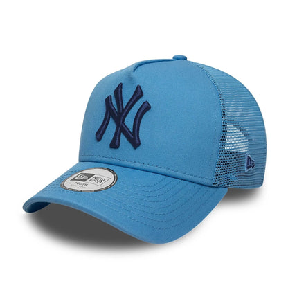 Pictured is this MLB League Essential Youth New York Yankees 9FORTY A-Frame Trucker cap in pastel blue. 1