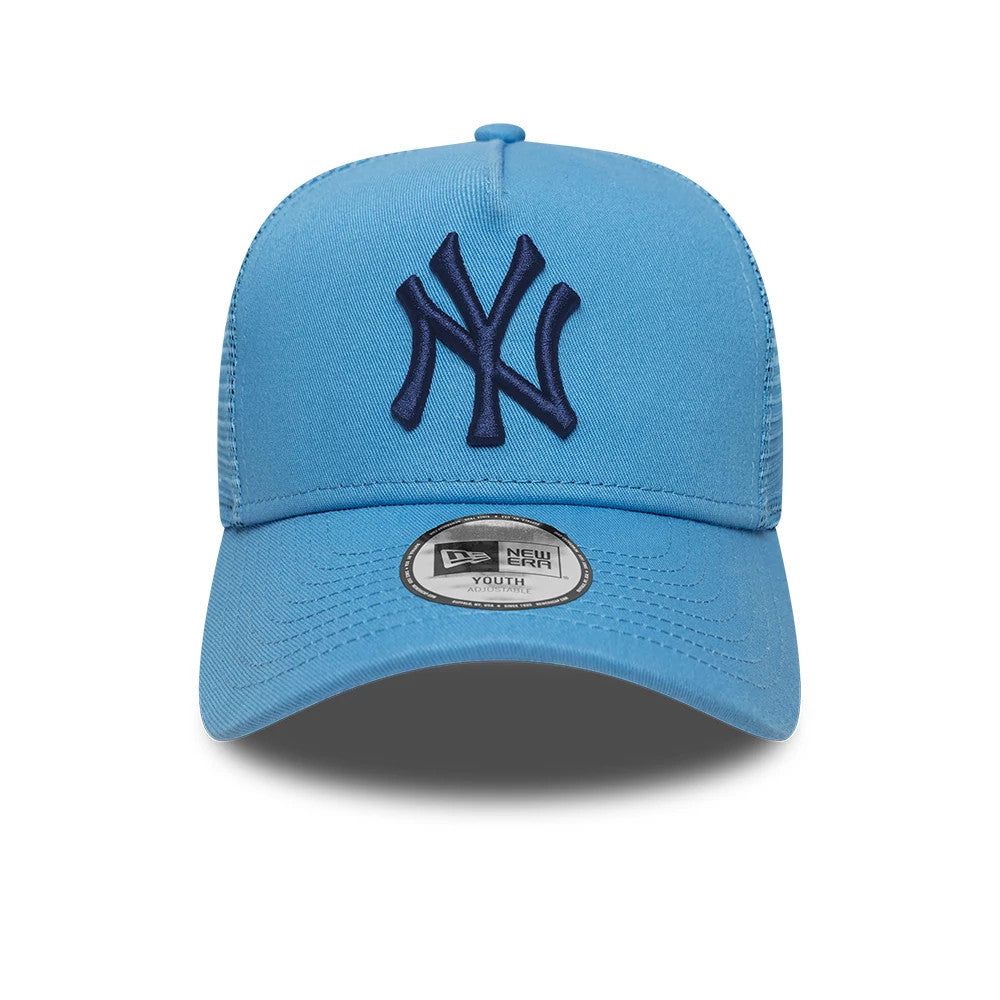 Pictured is this MLB League Essential Youth New York Yankees 9FORTY A-Frame Trucker cap in pastel blue. 2