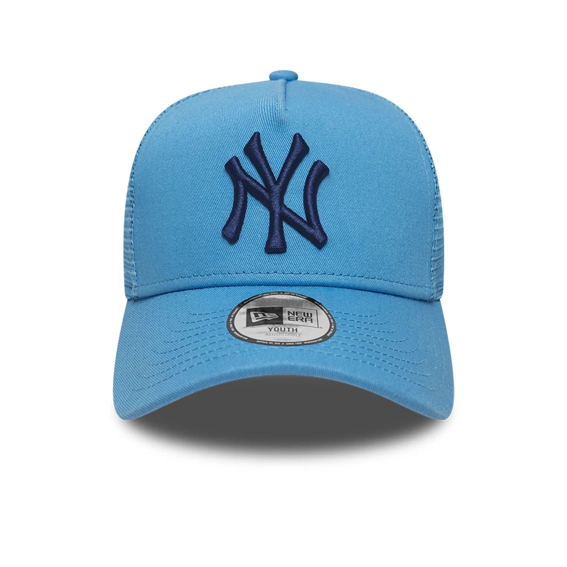 Pictured is this MLB League Essential Youth New York Yankees 9FORTY A-Frame Trucker cap in pastel blue. 2