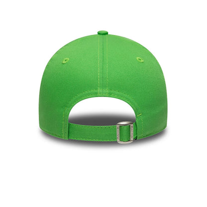 New York Yankees MLB League Essential Open Green New Era 9FORTY Adjustable Cap, rear view showing the adjustable strap with a buckle, four green-stitched eyelets on the structured crown, and the top button in matching green fabric.
