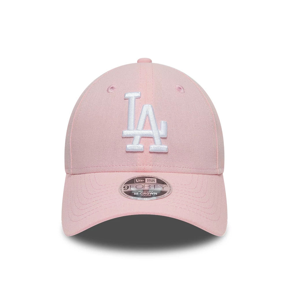 LA Dodgers Youth MLB Linen Pastel Pink New Era 9FORTY M-Crown Adjustable Cap, front view showing the raised white LA logo embroidered on the structured pastel pink crown, with a matching curved visor and 9FORTY size sticker on the visor.