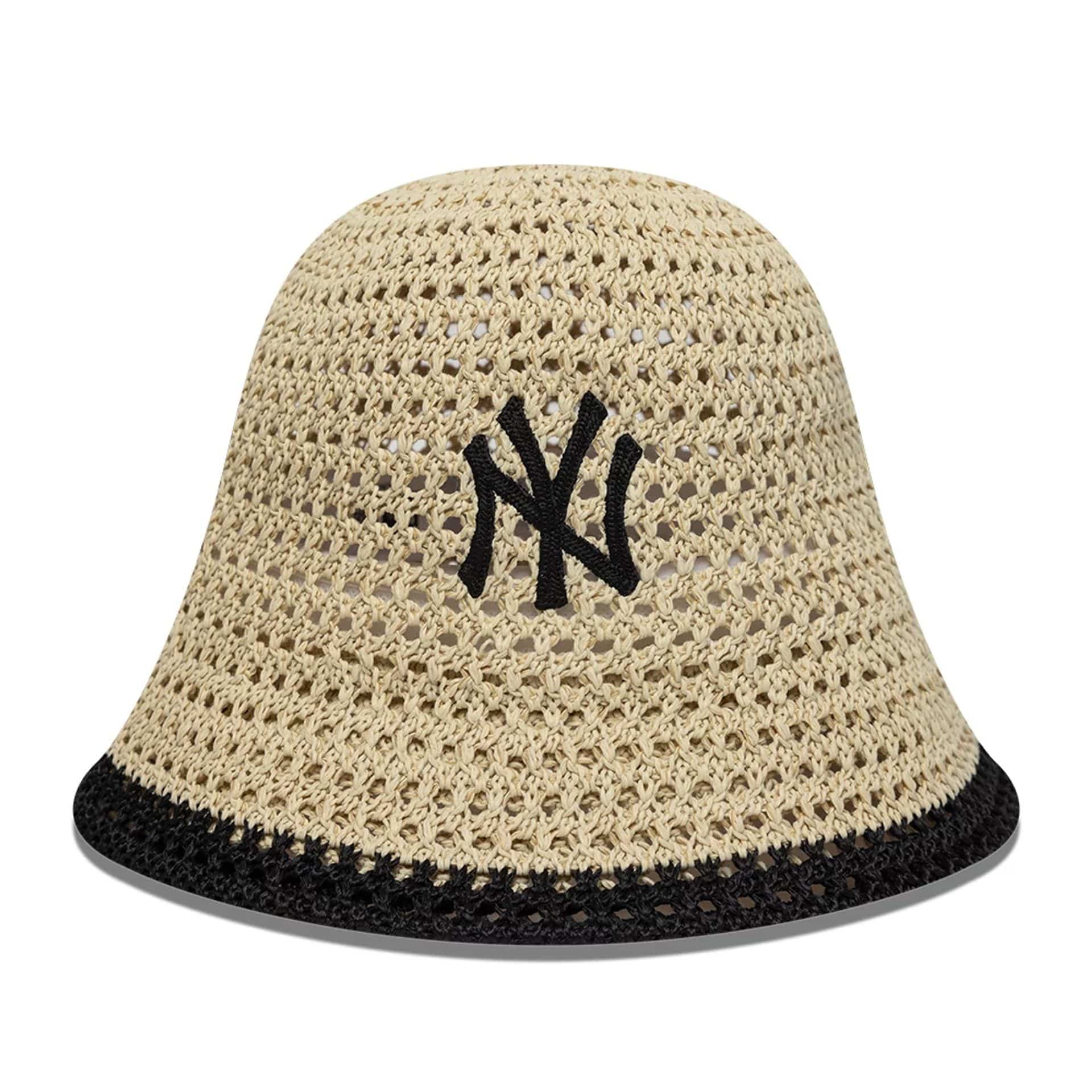 Pictured is this Womens MLB Knitted New York Yankees Explorer Bucket hat in light beige. 2