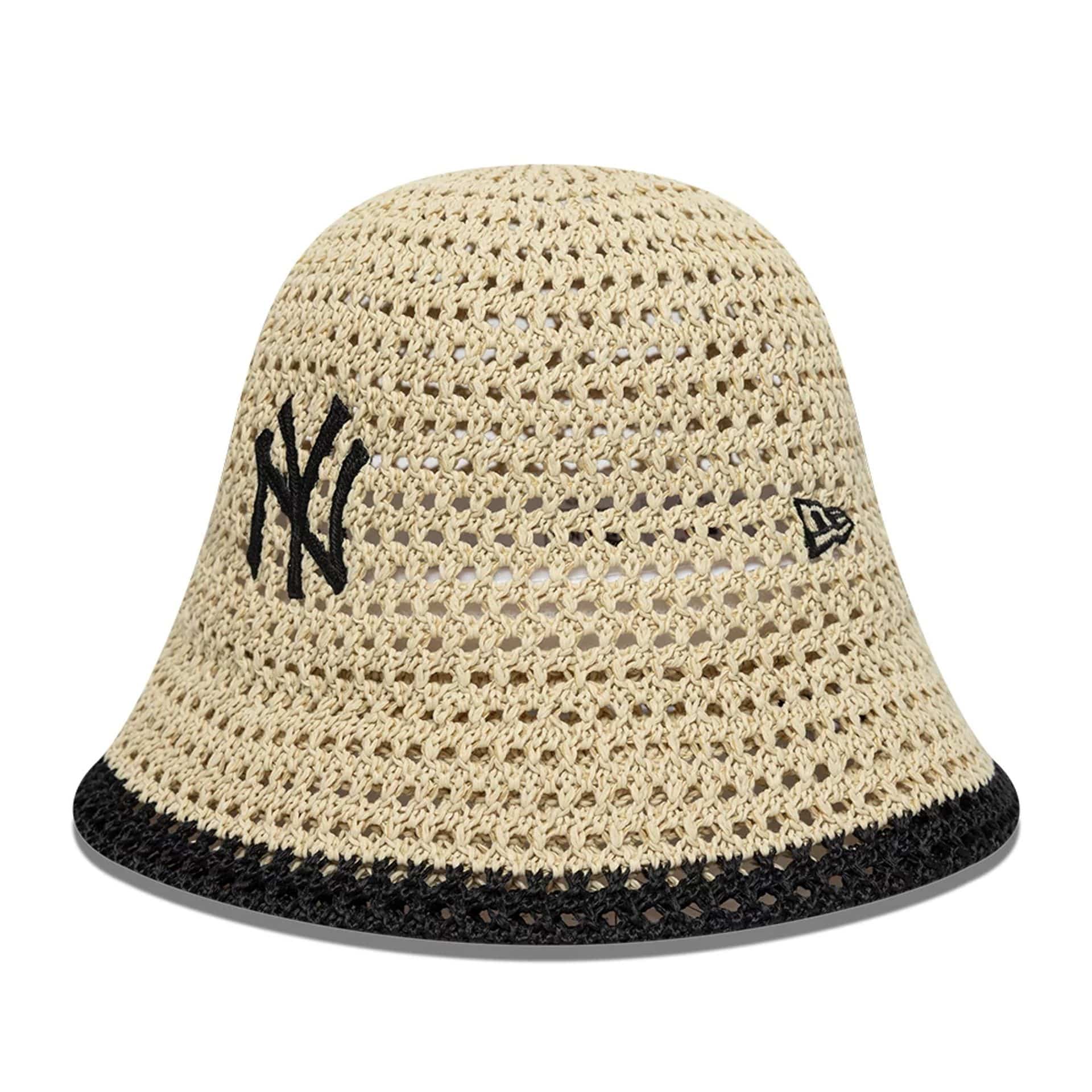 Pictured is this Womens MLB Knitted New York Yankees Explorer Bucket hat in light beige. 1