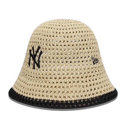 Pictured is this Womens MLB Knitted New York Yankees Explorer Bucket hat in light beige. 1