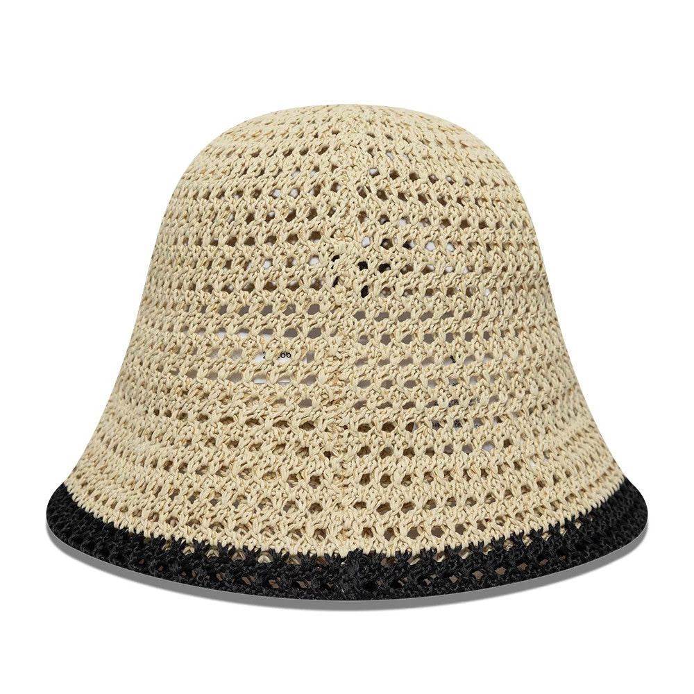 New Era New York Yankees Womens MLB Knitted Light Beige Explorer Bucket Hat, front view showing an intricate crochet pattern with a wide, downward-sloping visor, light beige colour, and a contrasting black band along the edge of the visor.
