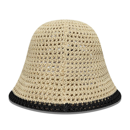New Era New York Yankees Womens MLB Knitted Light Beige Explorer Bucket Hat, front view showing an intricate crochet pattern with a wide, downward-sloping visor, light beige colour, and a contrasting black band along the edge of the visor.